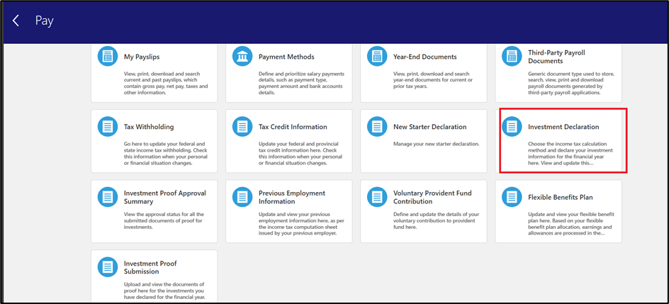 Streamlining Employee Tax Declarations: How Oracle Makes Investment Submission Effortless -Under the Pay section, open the Investment Declaration tab.