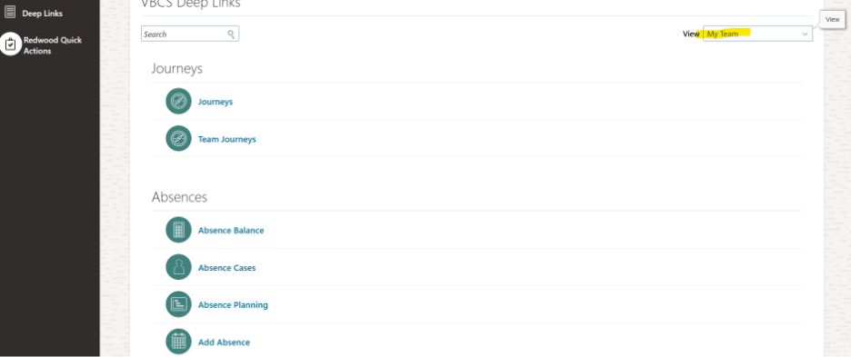 Redwood Quick Actions - Me, My Team, and My Client Groups tabs