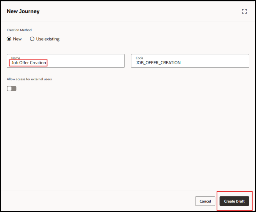 Redwood Experience: AI-Powered Job Offer Creation - Enter Name and Click Create Draft