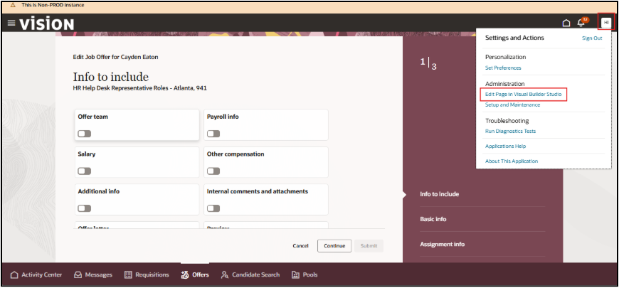 Redwood Experience: AI-Powered Job Offer Creation - Click on Edit Page in Visual Builder Studio