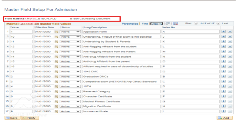 Document Verification Master Field setup Page