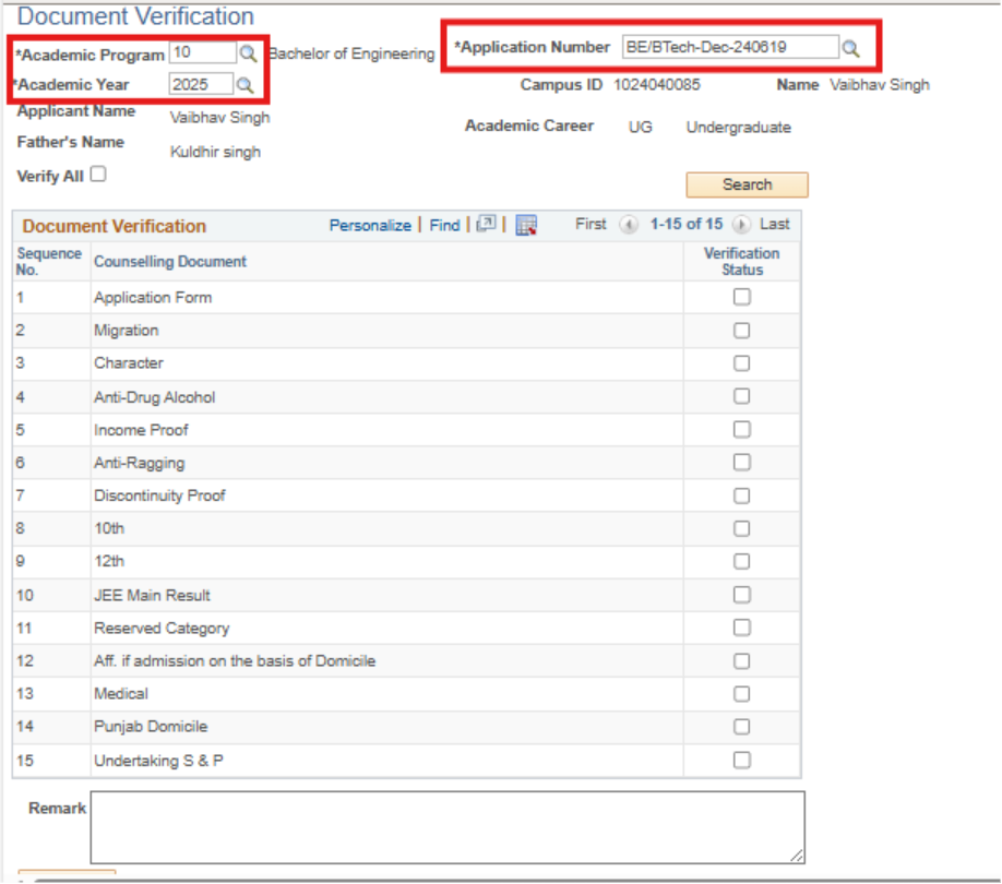 PeopleSoft Campus Solutions Document Verification Module for Student Admissions
- Document Verification Main Page