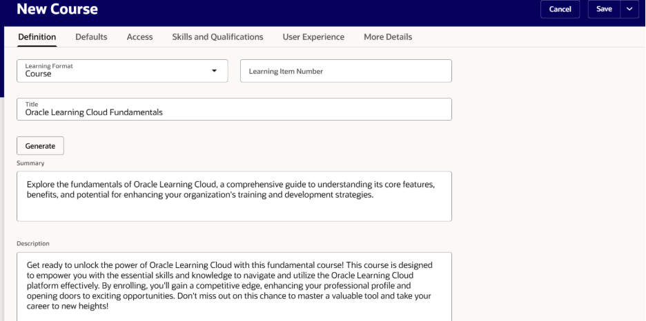 Generative AI in Oracle Learning Cloud: Transforming Learning Content Creation - Learning Objectives Configuration