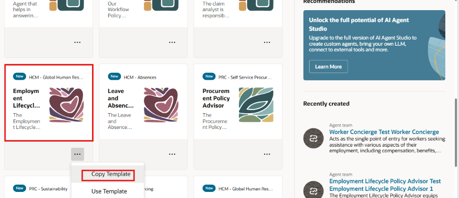 Generative AI in Oracle Learning Cloud: Transforming Learning Content Creation - Employment Lifecycle Policy Advisor Template in AI Agent Studio 