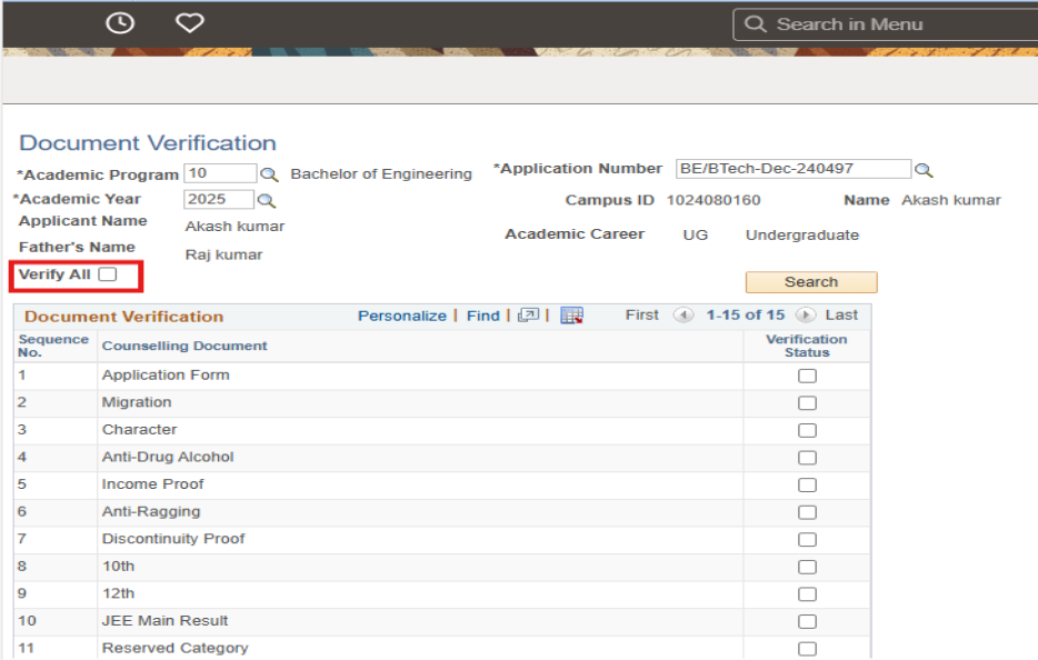 PeopleSoft Campus Solutions Document Verification Module for Student Admissions -Document Verification Main Page: Verify All checkbox
