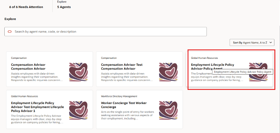 Employment Lifecycle Policy Advisor – AI Agent -Accessing Employment Lifecycle Policy Advisor from Explore Tab 