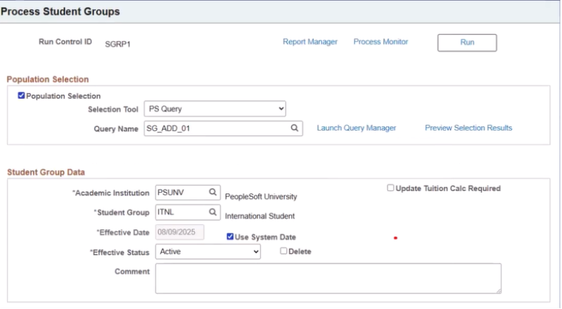 PeopleSoft Campus Solutions Image 36 – Student Groups Delete Automatic Date Selection with "Use System Date"