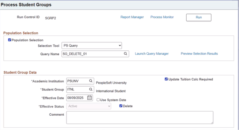 PeopleSoft Campus Solutions Image 36 – Student Groups Delete - Triggering Tuition Recalculation from the Process Student Groups Page