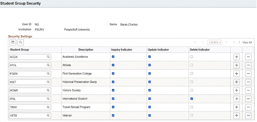PeopleSoft Campus Solutions Image 36 – Student Groups Delete
- Student Group Security Configuration with the New Delete Indicator