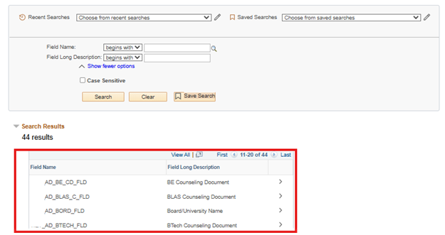 PeopleSoft Campus Solutions Document Verification Module for Student Admissions - list of documents that are set up in Master field setup search Page