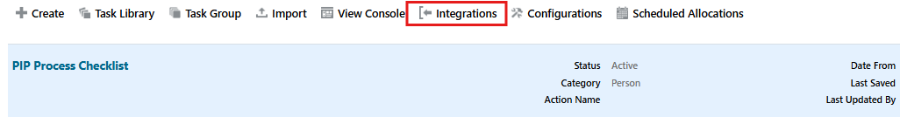 How to Configure E-Signature on a Checklist Task in Oracle Fusion HCM -Figure 2 — Integrations tab on the Checklist Template