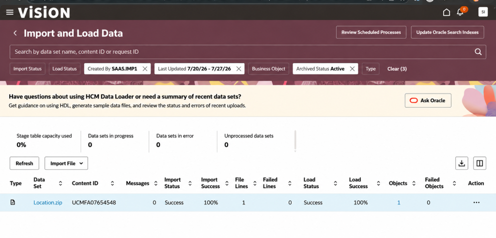 Oracle Fusion HCM Loading Location - Monitor Results (Import & Load Success)