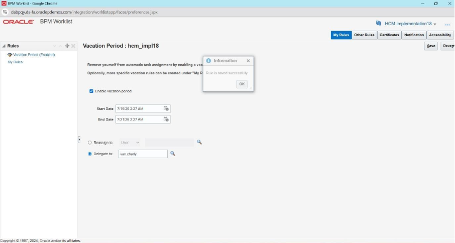 Oracle Fusion HCM Vacation Period Delegation in BPM Worklist - 6