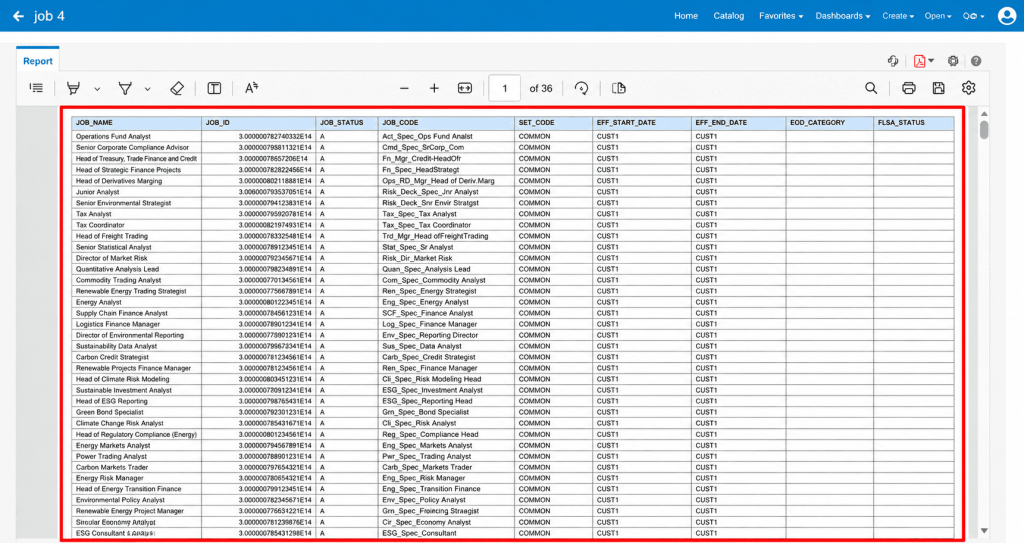 Creating a BI Publisher Report Layout for Job Reports in Oracle Fusion HCM - Fig 26 Final report output with all columns, paginated across multiple pages