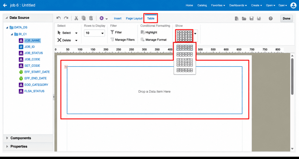 Creating a BI Publisher Report Layout for Job Reports in Oracle Fusion HCM - Fig 15 Table tab with the Show grid picker for selecting table size