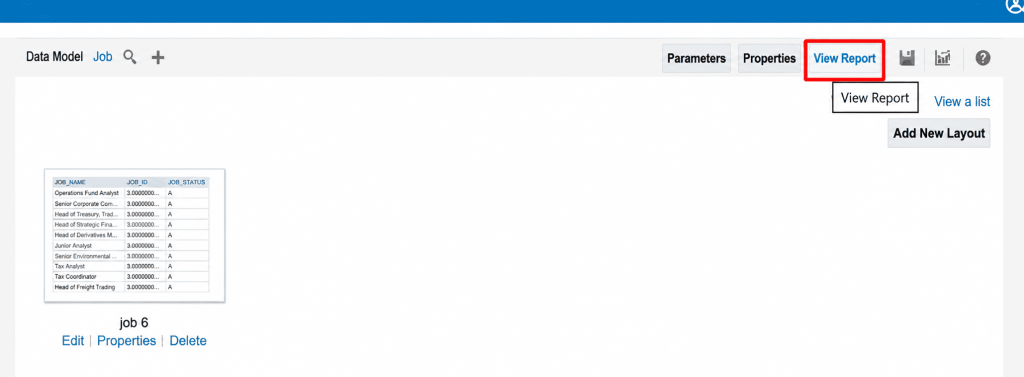 Creating a BI Publisher Report Layout for Job Reports in Oracle Fusion HCM - Fig 25 Job Data Model showing the saved layout and the View Report option