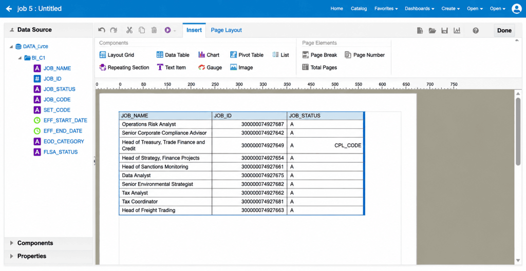 Creating a BI Publisher Report Layout for Job Reports in Oracle Fusion HCM - Fig 18 Adding the JOB_CODE field alongside JOB_NAME, JOB_ID, and JOB_STATUS