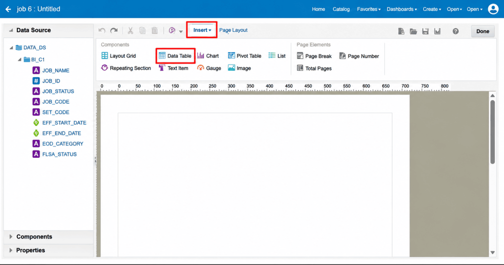 Creating a BI Publisher Report Layout for Job Reports in Oracle Fusion HCM - Fig 14 Report Editor with an empty Table component