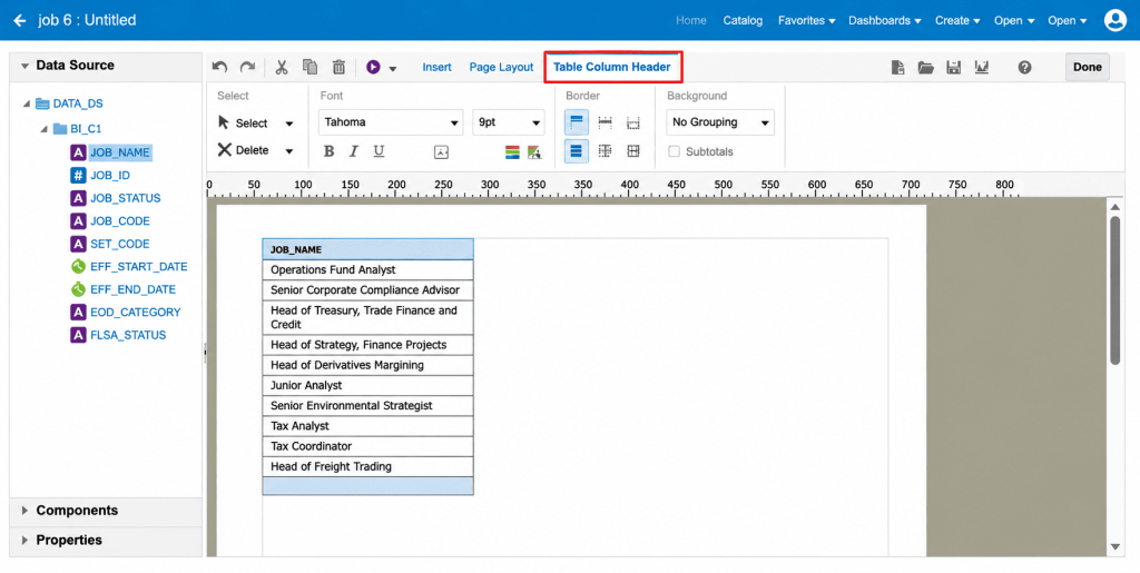 Creating a BI Publisher Report Layout for Job Reports in Oracle Fusion HCM - Fig 17 Table Column Header tab with font set to Tahoma 8pt