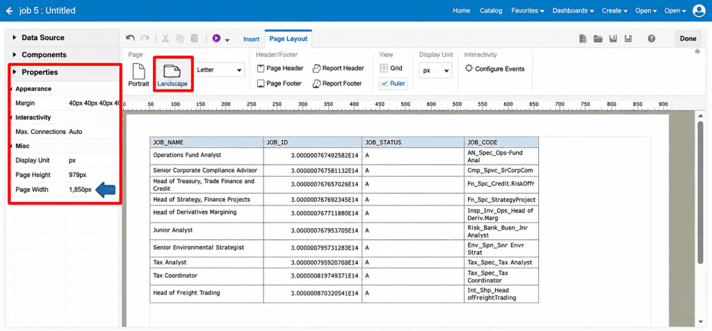 Creating a BI Publisher Report Layout for Job Reports in Oracle Fusion HCM - Fig 19 Page Layout tab with Landscape orientation selected