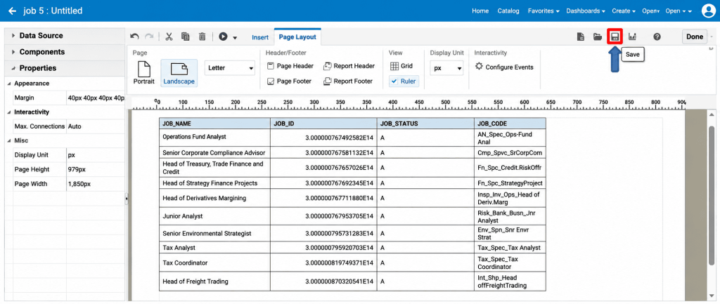 Creating a BI Publisher Report Layout for Job Reports in Oracle Fusion HCM - Fig 20 Saving the layout from the Page Layout tab