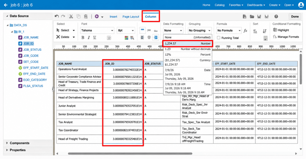 Creating a BI Publisher Report Layout for Job Reports in Oracle Fusion HCM - Fig 23 Column tab with the Data Formatting dropdown