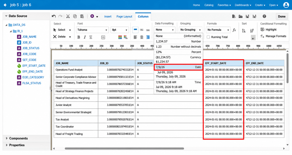 Creating a BI Publisher Report Layout for Job Reports in Oracle Fusion HCM - Fig 24 Column tab with the Data Formatting dropdown
