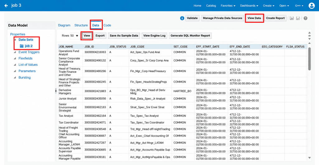 Creating a BI Publisher Report Layout for Job Reports in Oracle Fusion HCM - Fig 8 Data tab showing the retrieved Job columns